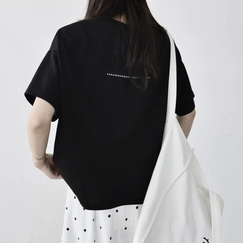 HKSH Women T-shirt Niche Design Line Decoration Irregular Short Sleeve Loose Fit Patchwork Versatile Chic Ins Casual Top HK26317