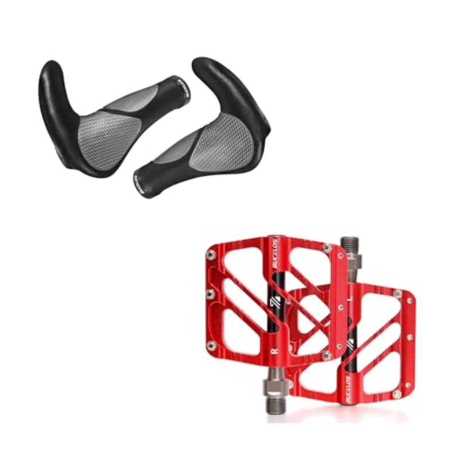 

Red MTB Flat Pedals Mountain Bike Pedals and Single Lock-on Bike Handlebar Grips Ergonomic Mountain Bicycle Handle Grips