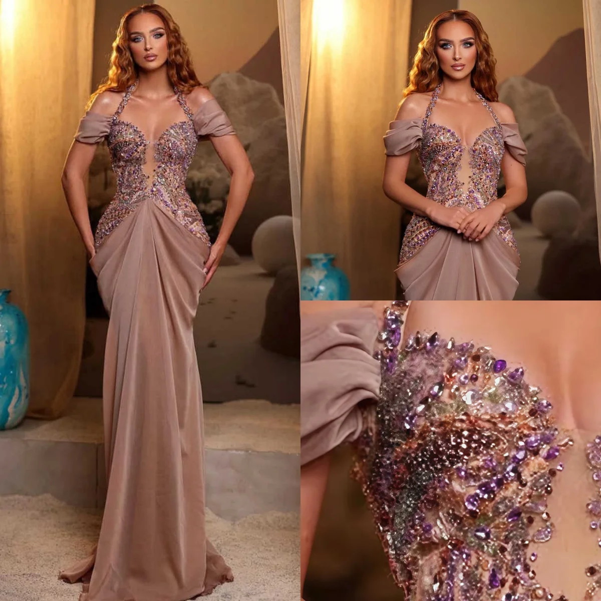 

Stunning Evening Dresses Halter Neck Off Shoulder Mermaid Prom Party Dresses Crystals Beadeds Prom Gowns Customized