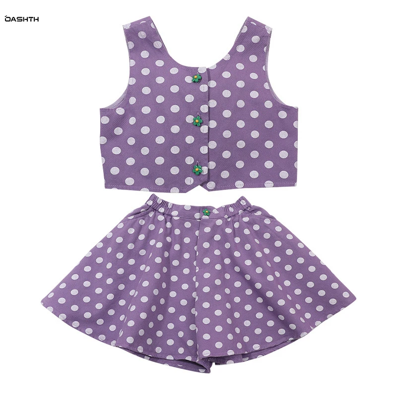 

OASHTH Girls suit new baby children summer vest polka dot big swing skirt suit two-piece set