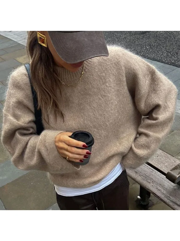 Women Vintage Red O-neck Casual Long Sleeved Loose Knitwear Sweater Pullover 2024 New Autumn Female High Streetwear Solid Tops