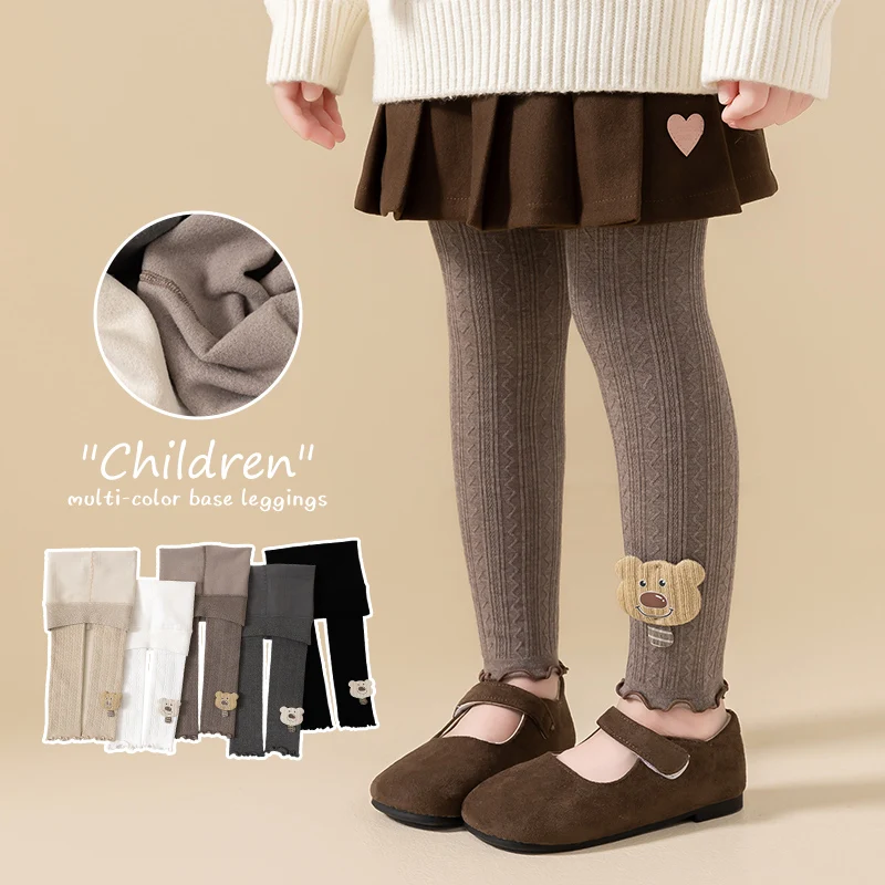 Lovely Girls Thin Fleece Brushed Warm Tights Delicate 3D Cartoon Small Animal Detail Solid Wavy Striped Texture Nine-Point Pants