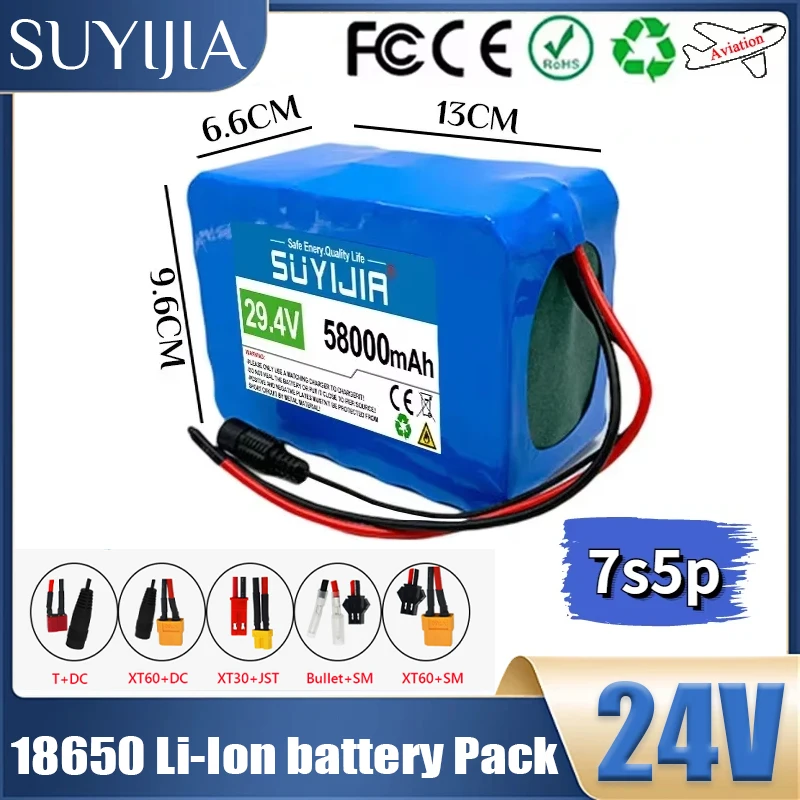 7S5P 18650 Lithium Battery Pack 29.4V 58Ah 15A BMS 500W 29.4V 58000mAh for Wheelchair Electric Vehicle Plus 2A Charger