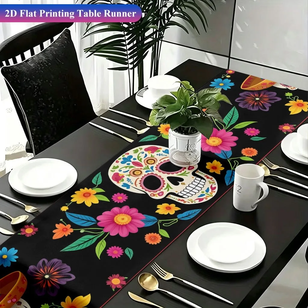 Day Of The Dead Sombrero Sugar Skull Floral Table Runner Mexican Halloween Indoor Kitchen Sideboard Holiday Table Decor Supply view 5