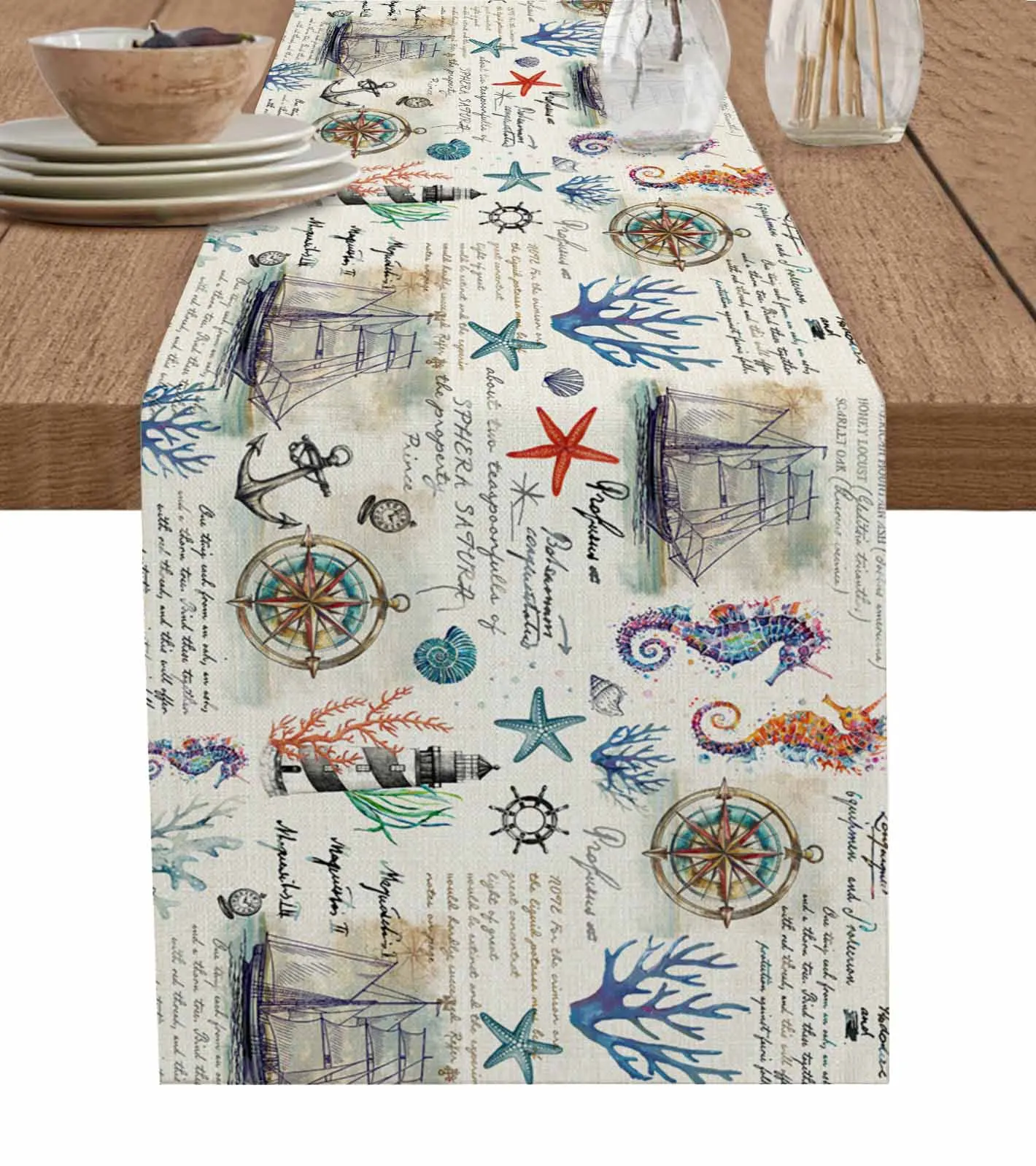 Ocean Plant Coral Sailboat Anchor Table Runner for Dining Table Kitchen Decor Tablecloth Wedding Dining Table Runner