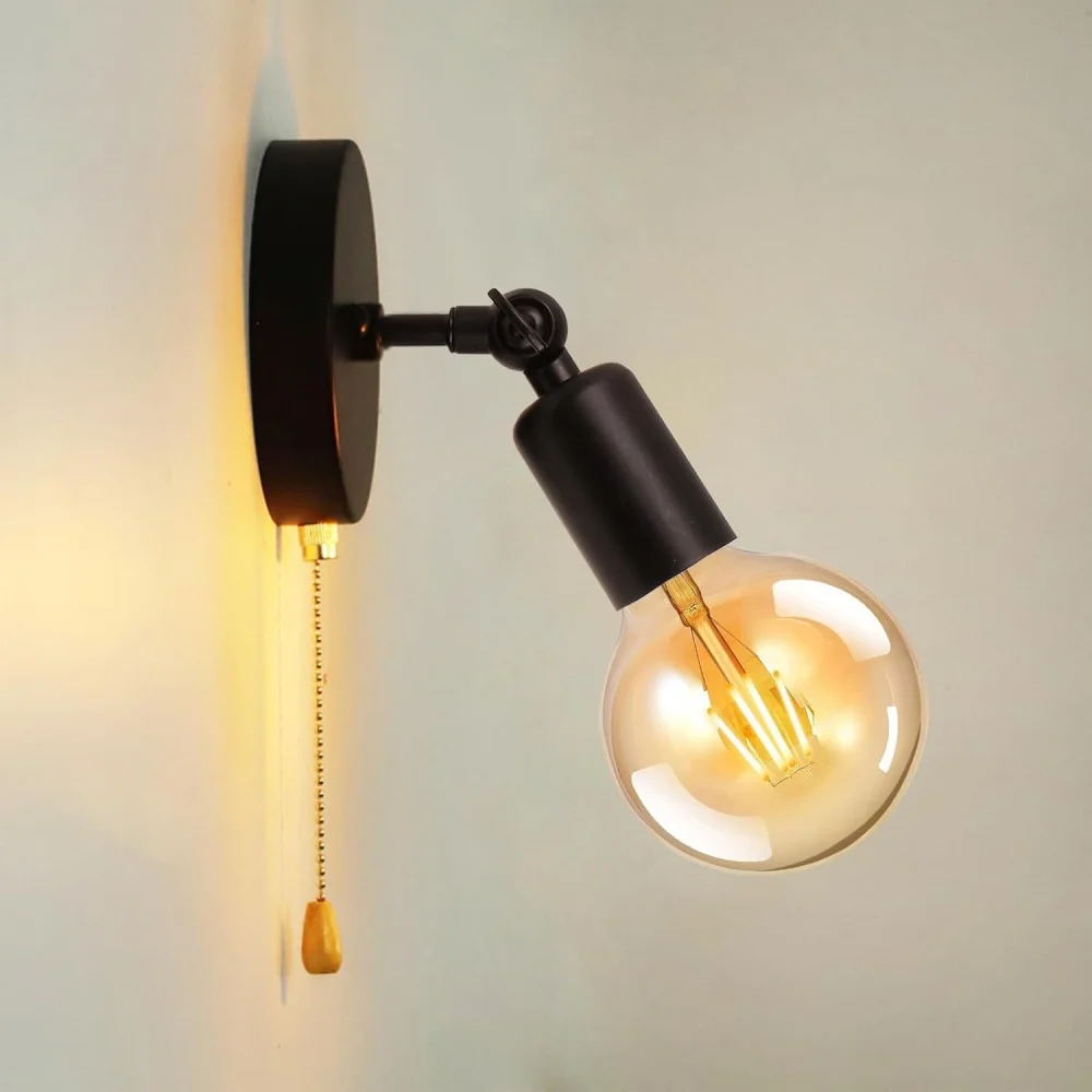 Retro LED E26 E27 Wall Lamp with Pull Chain Head Adjustable Wall Light Livingroom Bathroom Restaurant Wall Lighting Bulb-Free