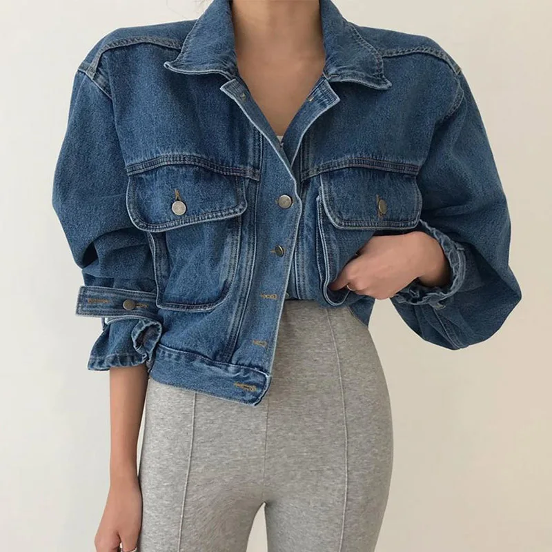 

Chic Autumn Lapel Loose Multiple Pockets Washed Blue Bubble Sleeves Short Denim Jacket Women Coats