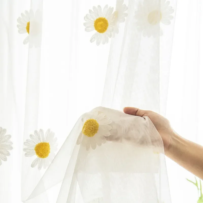 Country Vintage Gänseblümchen bestickte Tüllvorhänge, Blumenpflanzenmuster, Voile-Bauernhaus-Fenstervorhänge für Wohnzimmer und Schlafzimmer