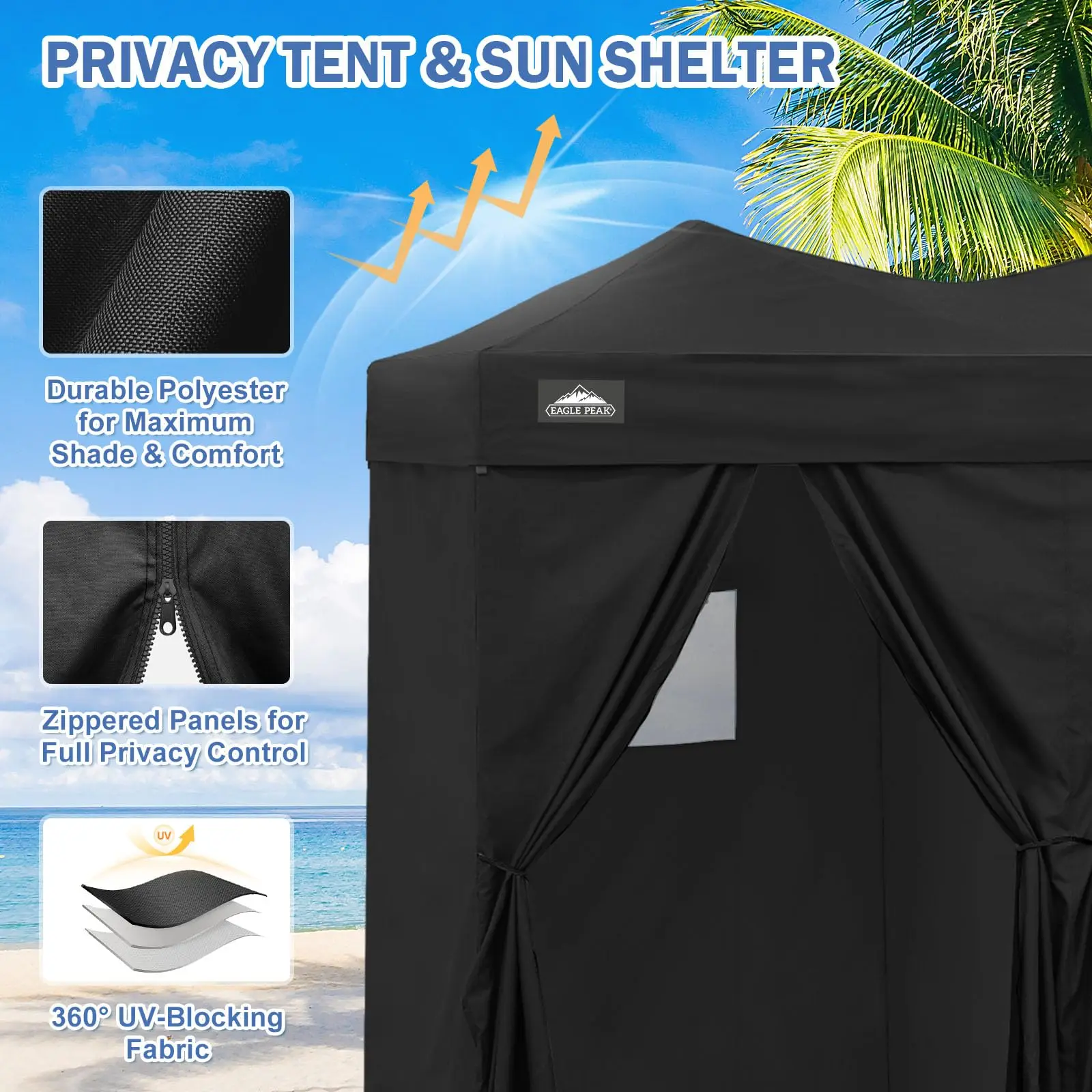 PEAK Outdoor Up Changing Room 8x4 ft, 2-Room Portable Privacy Shelter for Beach, Pool, Pshoots or Dring Room, Black