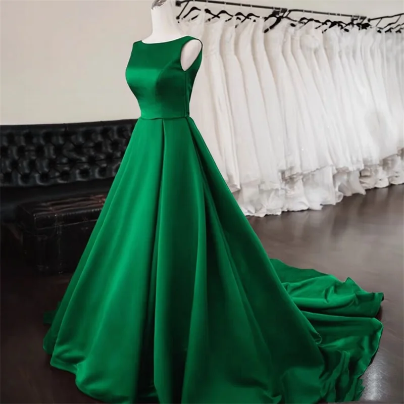 Customized Women's Scoop Neck Sweep Train Prom Dresses Backless A-line Simple Satin Long Formal Evening Party Dress with Pockets