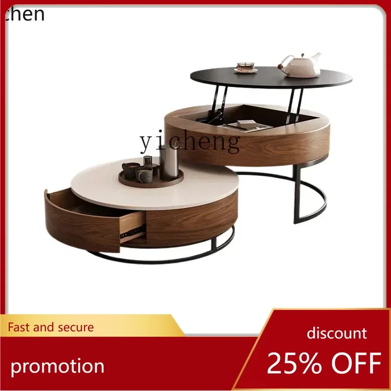 

ZMLlift coffee table TV cabinet combination modern simple solid wood Nordic style living room folding round tea table
