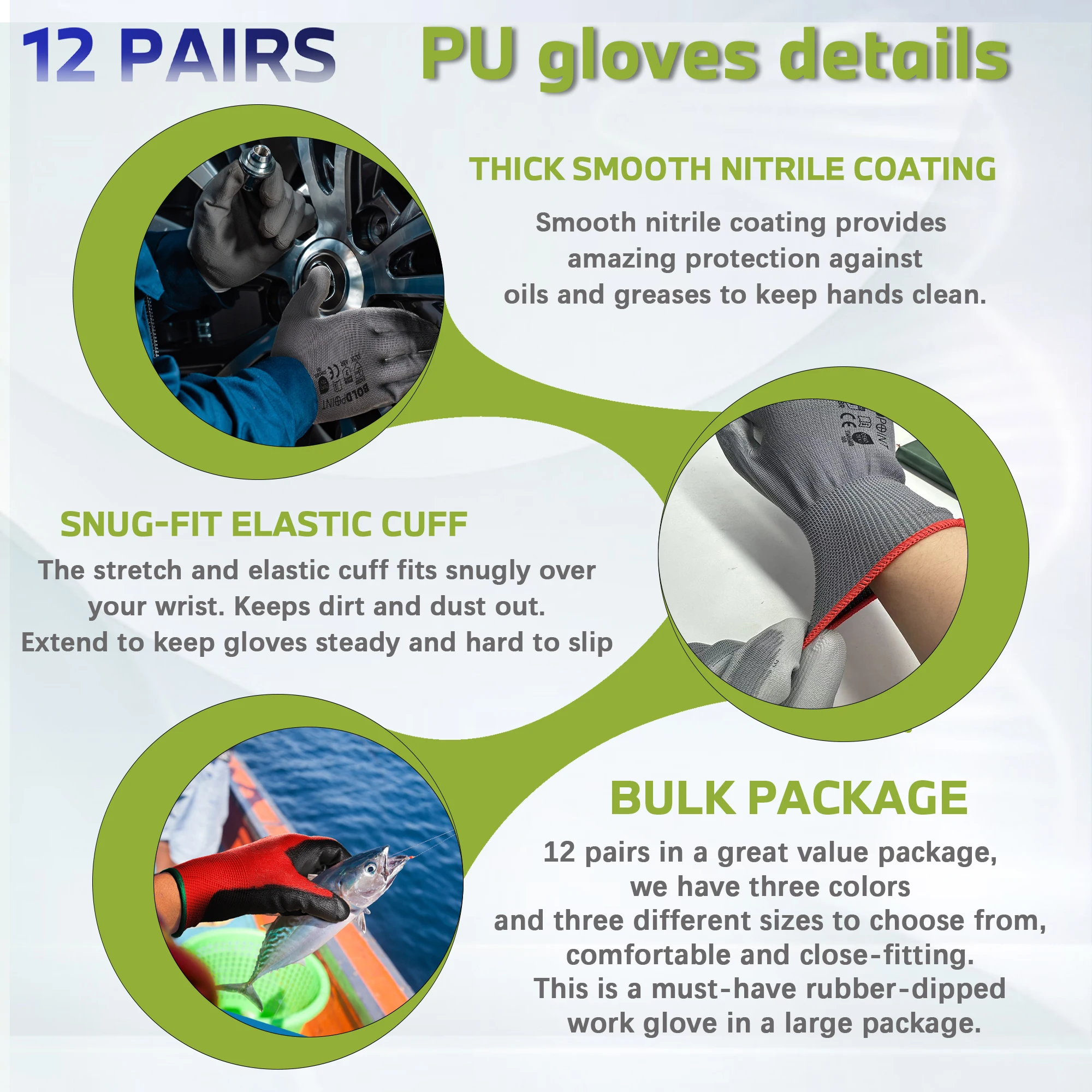 12 Pairs Bulk Safety Work Gloves with Grip, Non-Slip, Gauge Ultra-lite PU Dipped Pack Gardening, Warehouse Working, Men Women