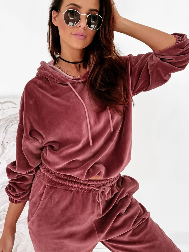 Velour Two Piece Sets Women Tracksuit Velvet Pant Sets Woman  Solid Top and Pants Suit Fashion Streewear Conjuntos De Mujer 2021