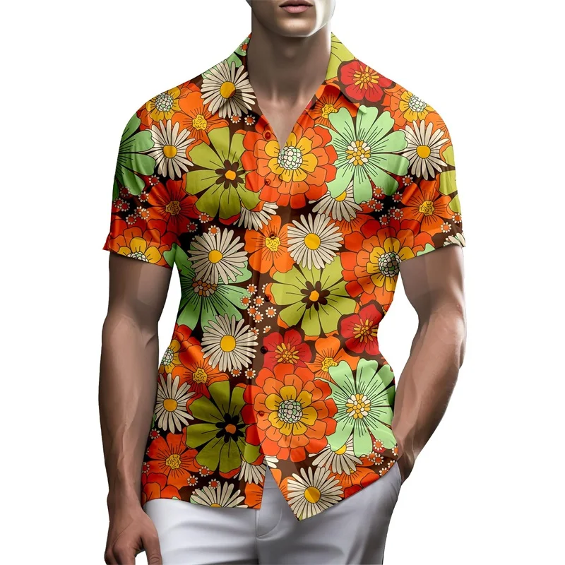 Camisa havaiana de néon masculina, 3D Print, Flor, Casual, Camisa de praia de botões grandes, Roupas da moda, Aloho Design