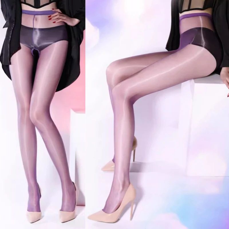 1D Oil Shiny Tights Sexy Ultra Thin Transparent Silky Smooth Stockings One Line Open Crotch Women Nylon Pantyhose Glossy Hosiery