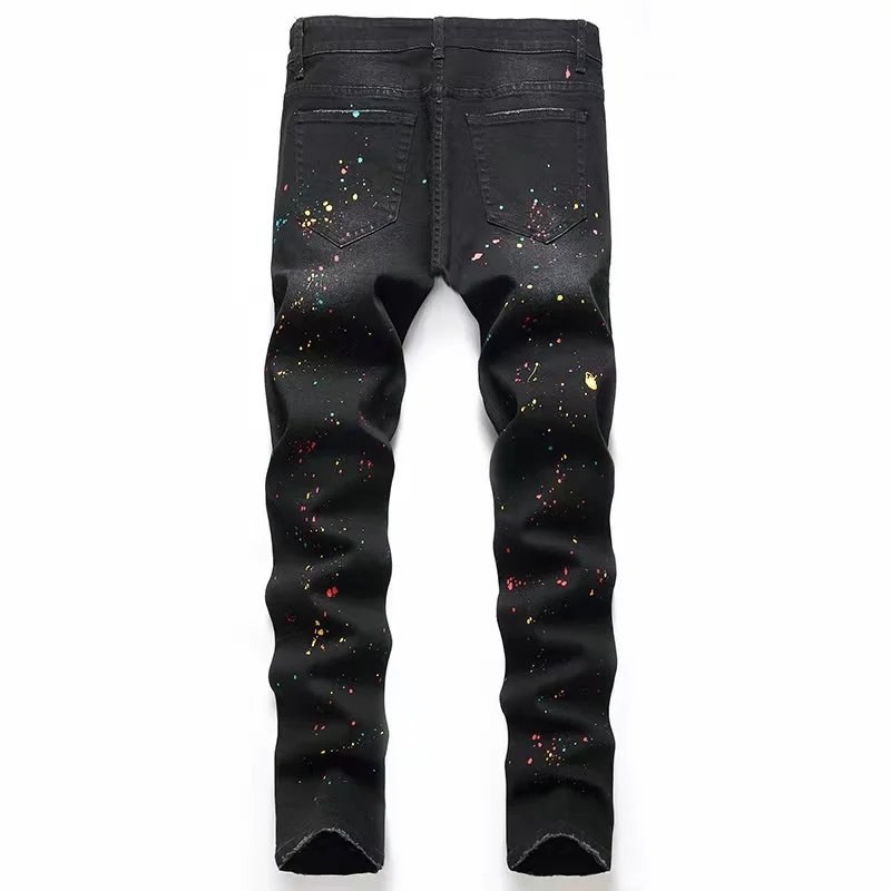 Men's Hole Splash Ink Embroidered Jeans Soft Casual Loose Cotton Trousers Patch Red Ears High Elasticity High Street Slim 2025