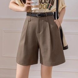 High Waist Casual Knee Lenth Shorts Woman Summer Bermuda 2024 Fashion Khaki Loose Wide Leg Short Pants