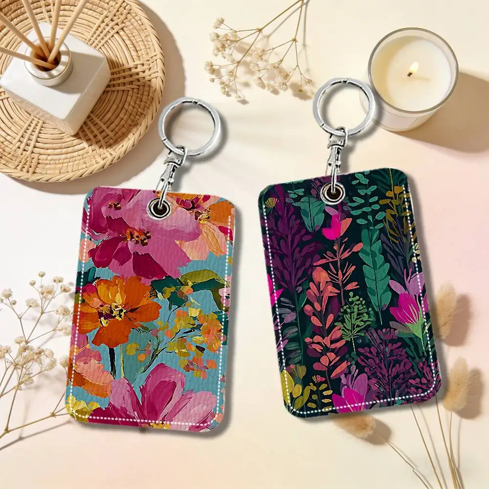 Colorful Flowers Keyring Leather Access Card Holder Keychain Community Proximity Card Protective Case