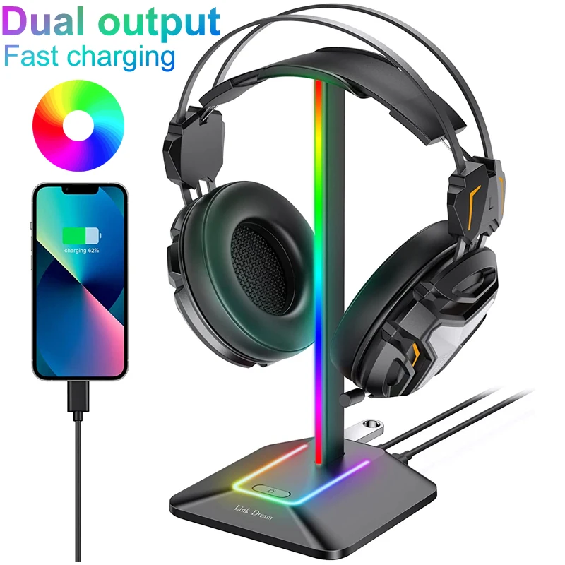 RGB Gaming Headphone Stand with Type-c USB Ports Headphone Gaming Headset Holder Hanger Earphone Accessories Headset Gamer Desk