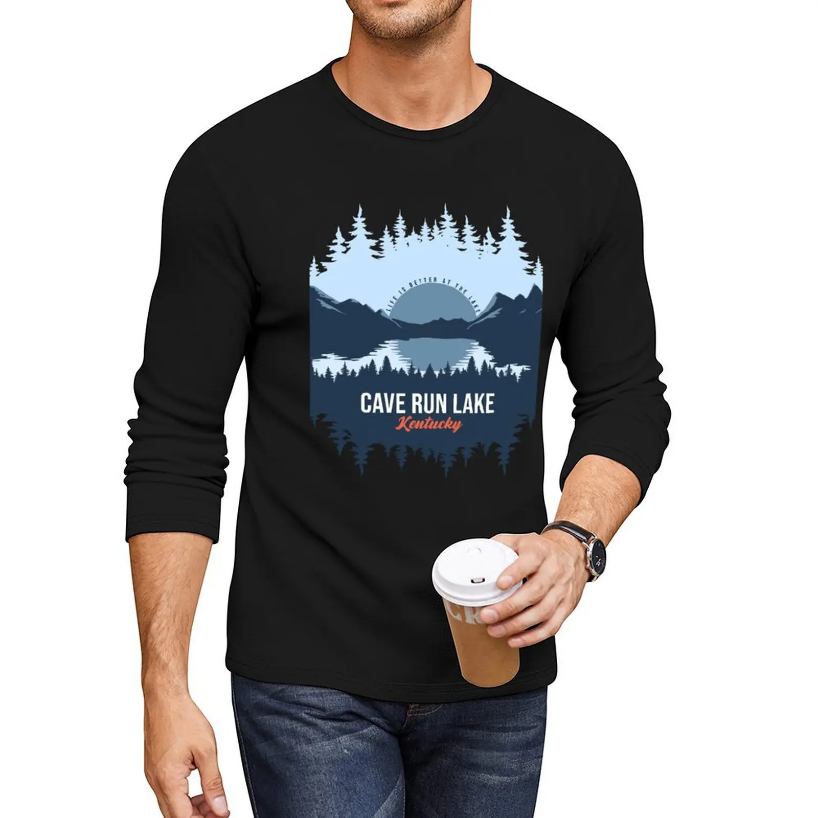 

Cave Run Lake Kentucky Lake With Mountain And Pine Tree Long T-Shirt heavyweight t shirts anime clothes Men's t-shirts