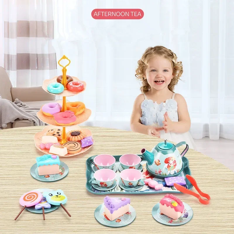 [Funny] Afternoon tea toy set suitcase tea set simulation Dessert Cake tinplate Triple pallet play house toys girl birthday gift