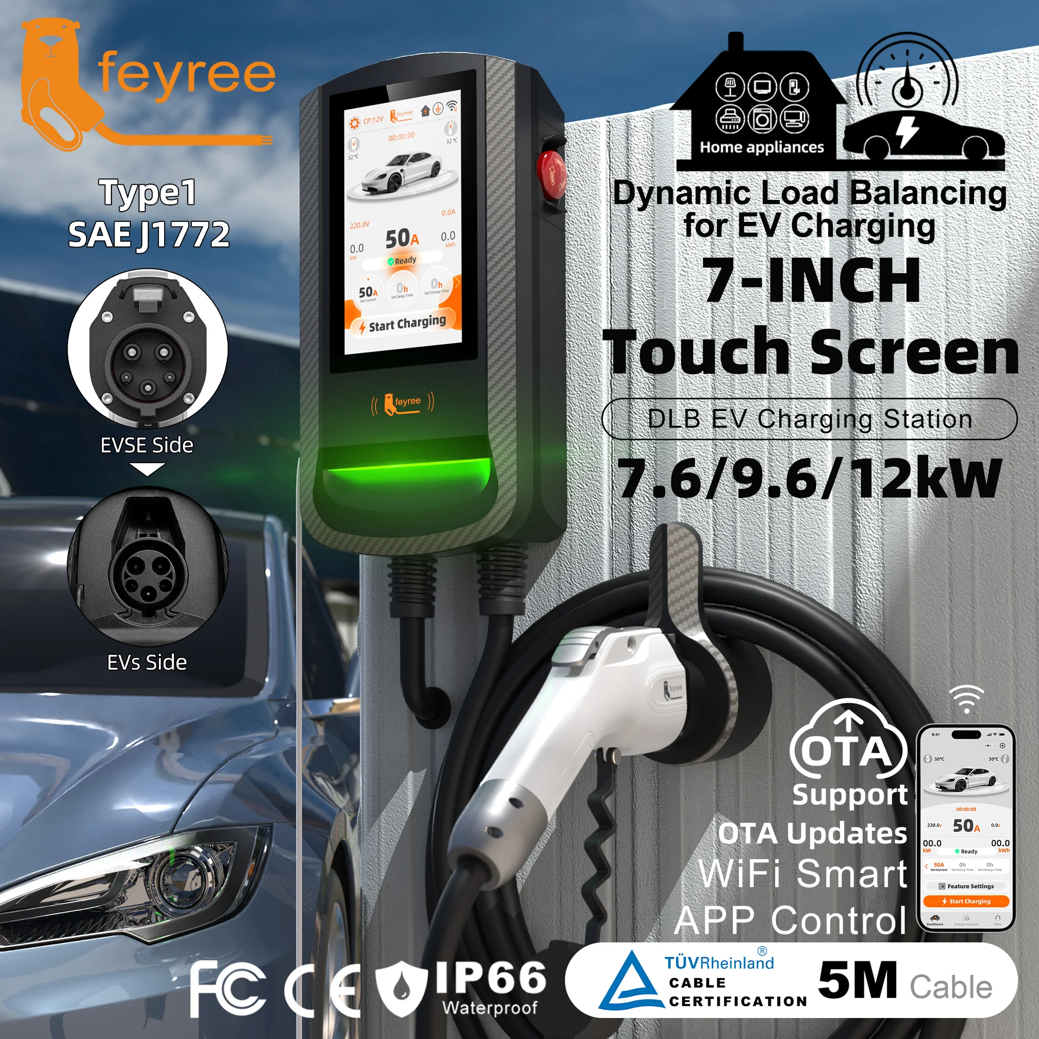 Ev Charger Load Balancing - Feyree Type1 32A 7.6кВт EVSE Wallbox