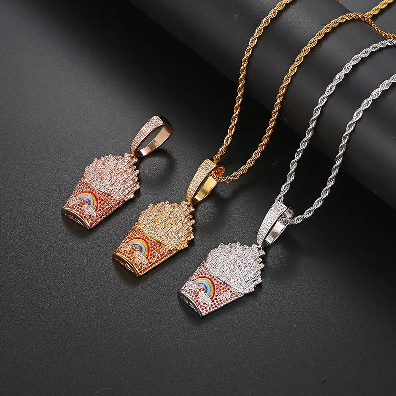 Hot Selling Iced Out French Fries Necklace Hip-hop Rapper Style Full Micro Pave Zircon Food Pendant Streetwear Nightclub