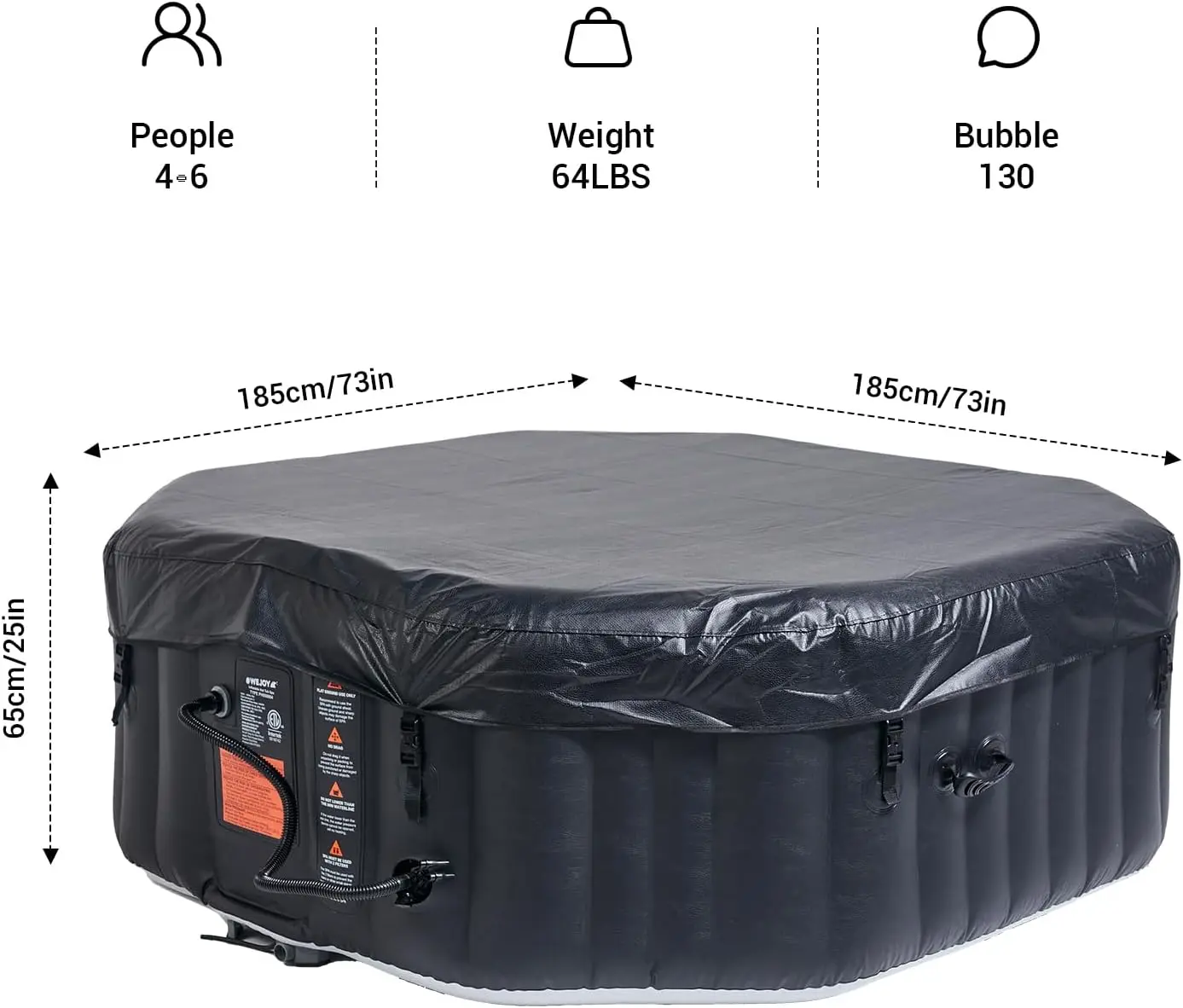 Portable Hot Tub 73X73X25 Inch Air Jet Spa 4-5 Person Inflatable Octagon Outdoor Heated Hot Tub Spa with 130 Bubble Jets