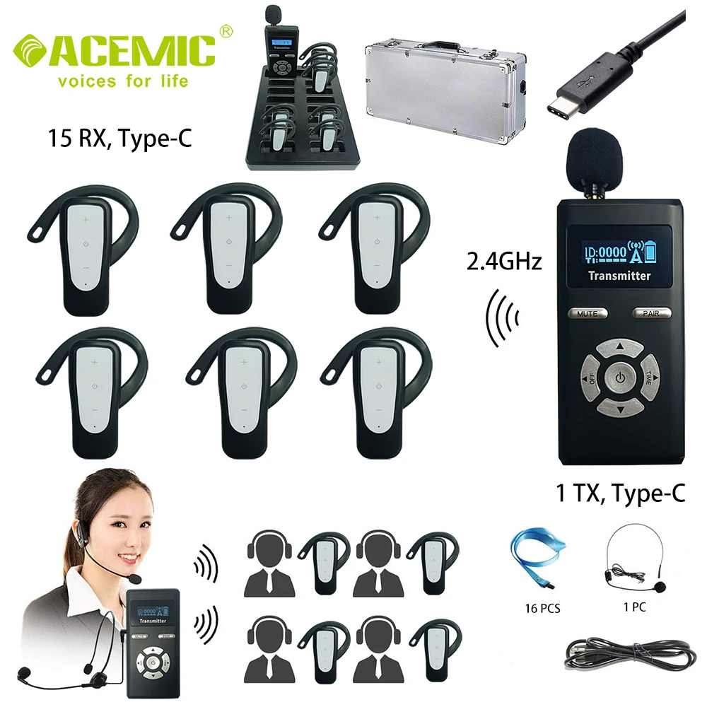 

16PCS Tour Guide System Wireless Audio Tool Equipment Headset Mic Ear-Hook for Tour Museum Church School Communicate Translation