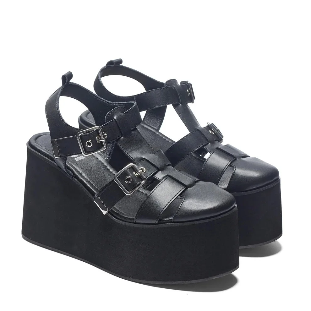 Black Multi Buckle Strap Platform Wedge Sandals Gothic Punk Square Toe Women Street Rock Concert Cool Summer Statement Footwear