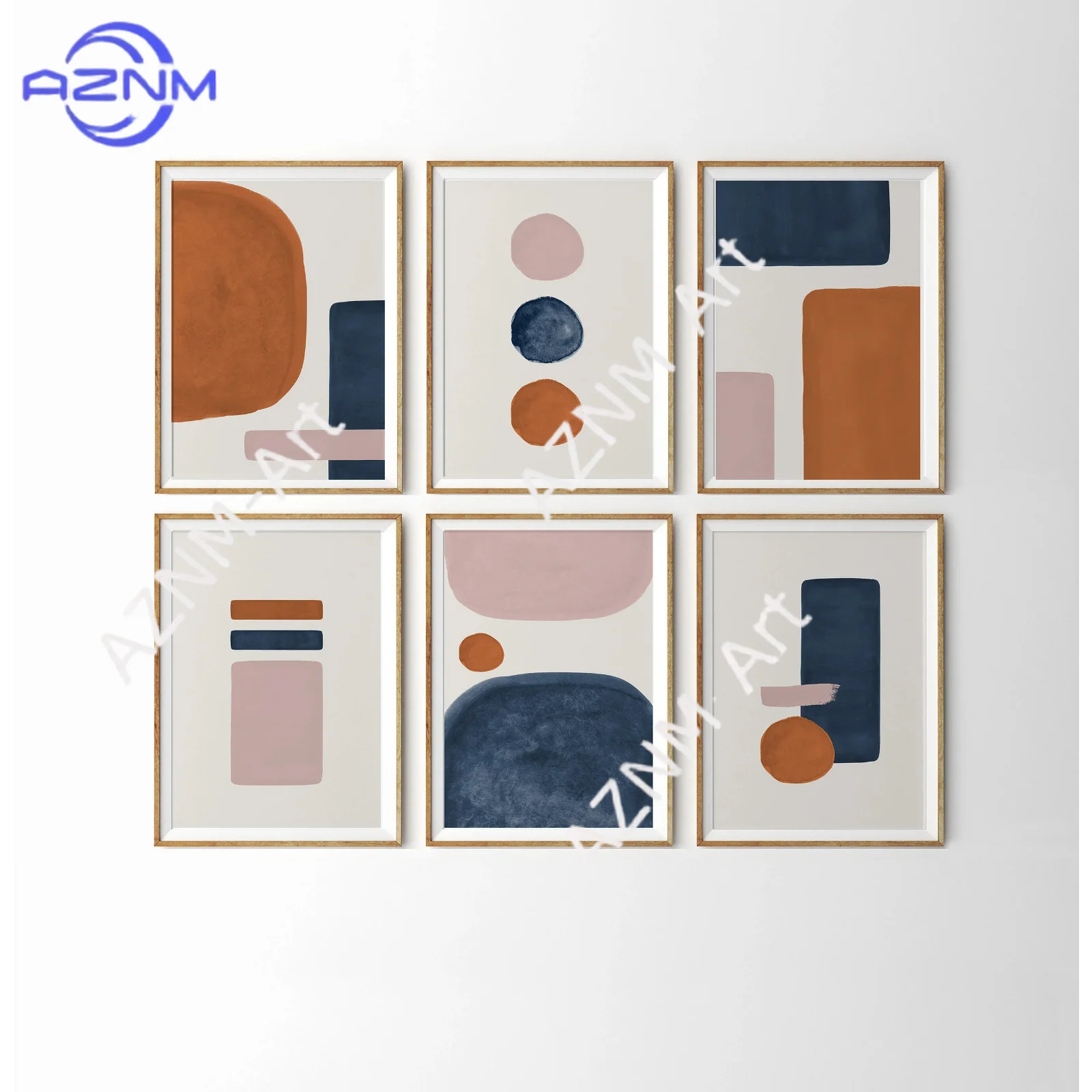 1/6-teiliges Geometrisches Wandkunst-Set mit 6 Drucken, Mid-Century Modern Kunst-Set, Abstrakte Formen, Gebranntes Orange, Indigoblau, Zartrosa