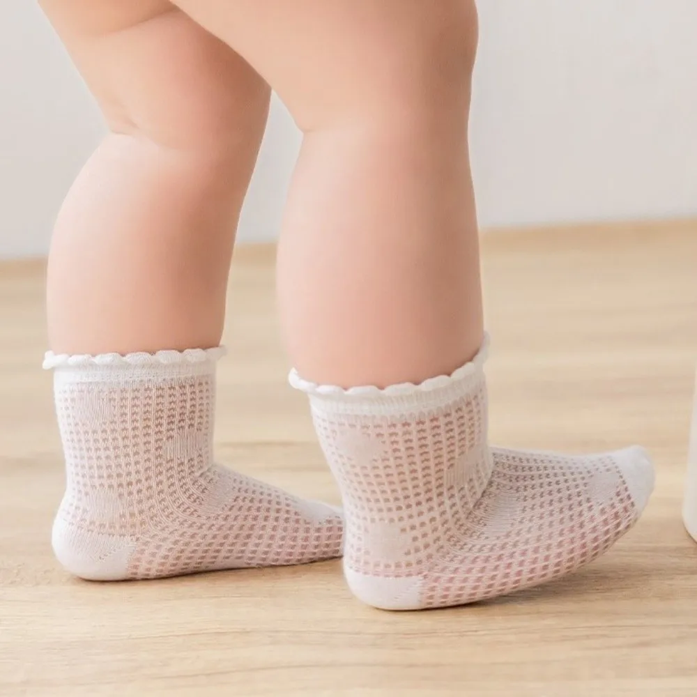 4 Pairs Combed Cotton Newborn Socks Breathable Multi-pattern Baby Mesh Socks Thin Boneless Construction Mid-calf Socks