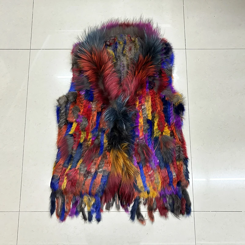 Chicsense New Colorful Real Rabbit Knitted Fur Vest Real Raccoon Fur Collar Fashion Waistcoat Rabbit Fur Gilet