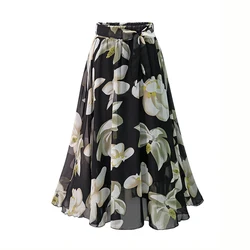 Plus Size Print Floral Skirt Women 2024 Summer Loose Elastic High Waist Chiffon Midi Skirts Lace Up Bow L-5XL Swing Jupe Femme