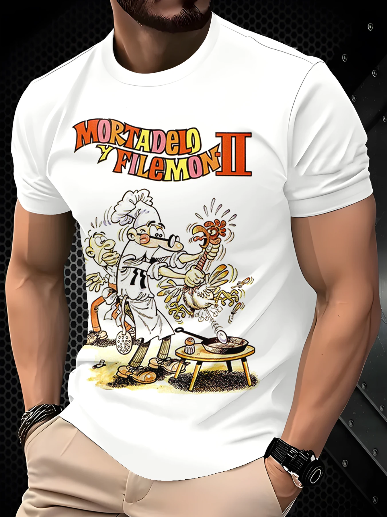 Casual Men Trendy Colored Cartoon Cooking Scene Printed Short Sleeve Top