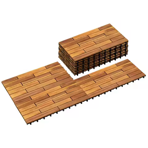 Long Solid Acacia Wood Interlocking Deck Tiles for 24 Sq Ft - Indoor Outdoor Waterproof Hardwood Flooring for Pathway,Poolside