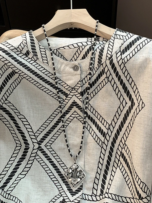 Retro Lose Runde Ne Lange Sve Baumwolle Leinen irt Frauen Herbst 2025, Neue Sle Gedruckt Cord ass Muster Atmungsaktive top