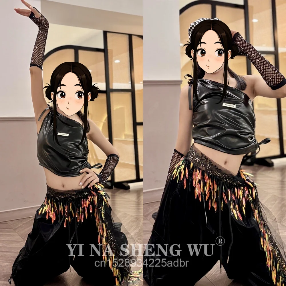 Girls K-pop Shiny Crop Top Skirts Street Dance Cargo Pants Kids Hip Hop Jazz Girl Group Clothes Sets Children Streetwear Costume