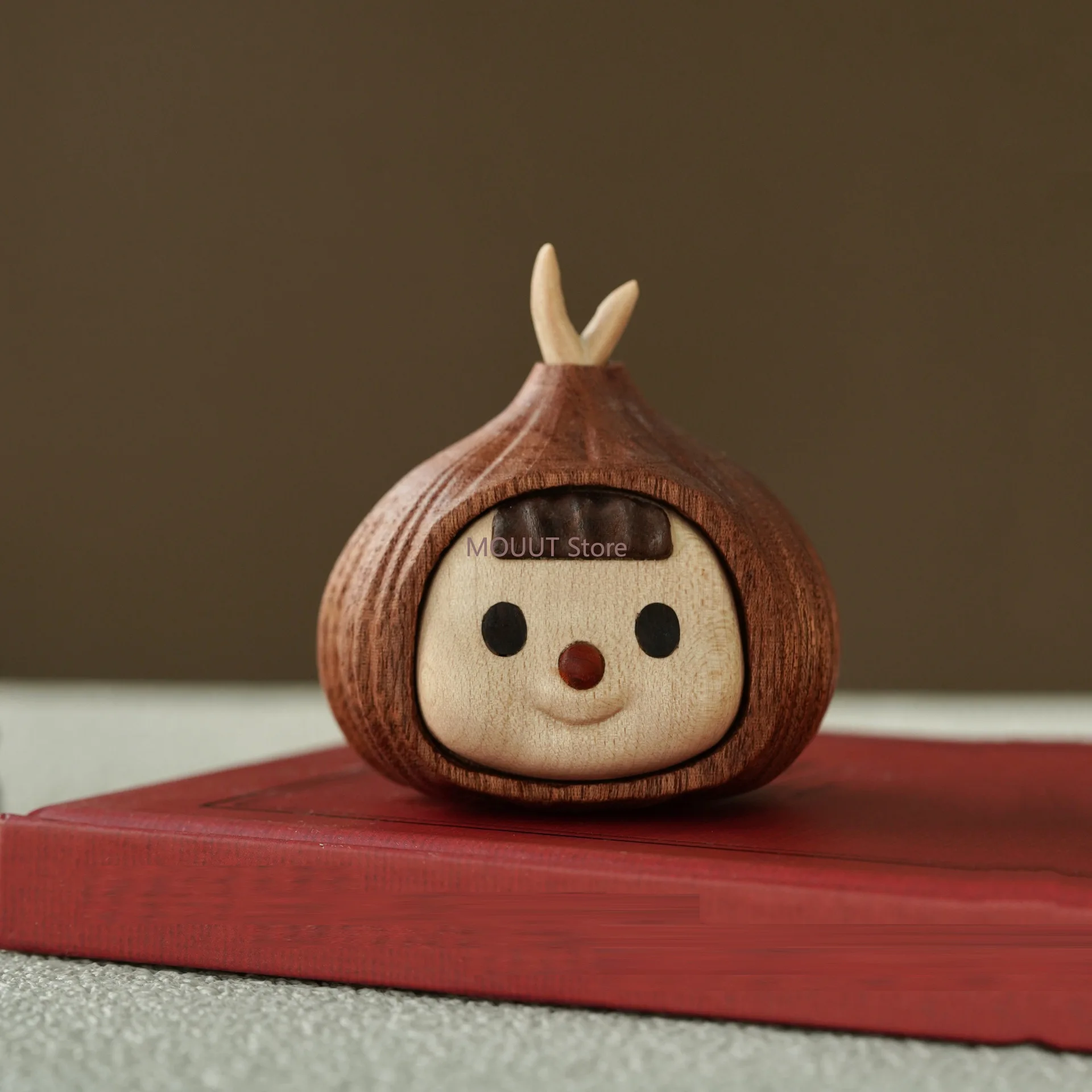 

Walnut Wooden Carved Cartoon Cute Garlic Girl Bamboo Figurine Office Desk Desktop Ornaments for Home Vintage Decoration Gift
