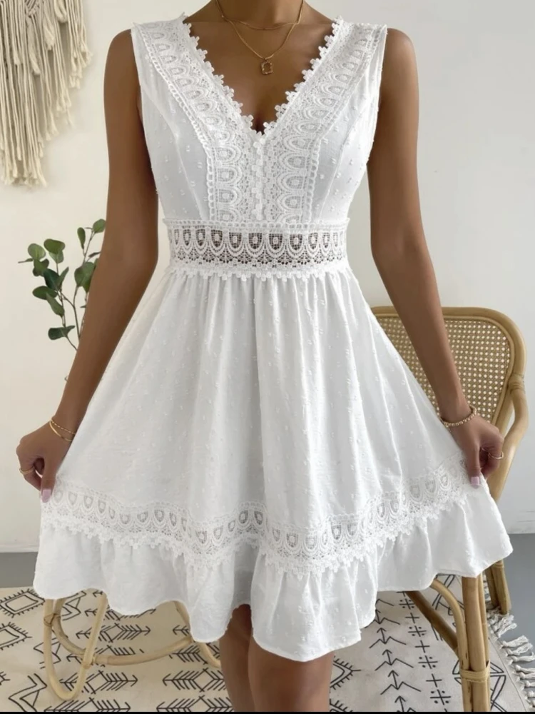 Tierred Lace Hollow Out Solid Patchwork White Dress Summer Casual Backless Elegant 2023 Short Dresses Spring Party Mini Skirt