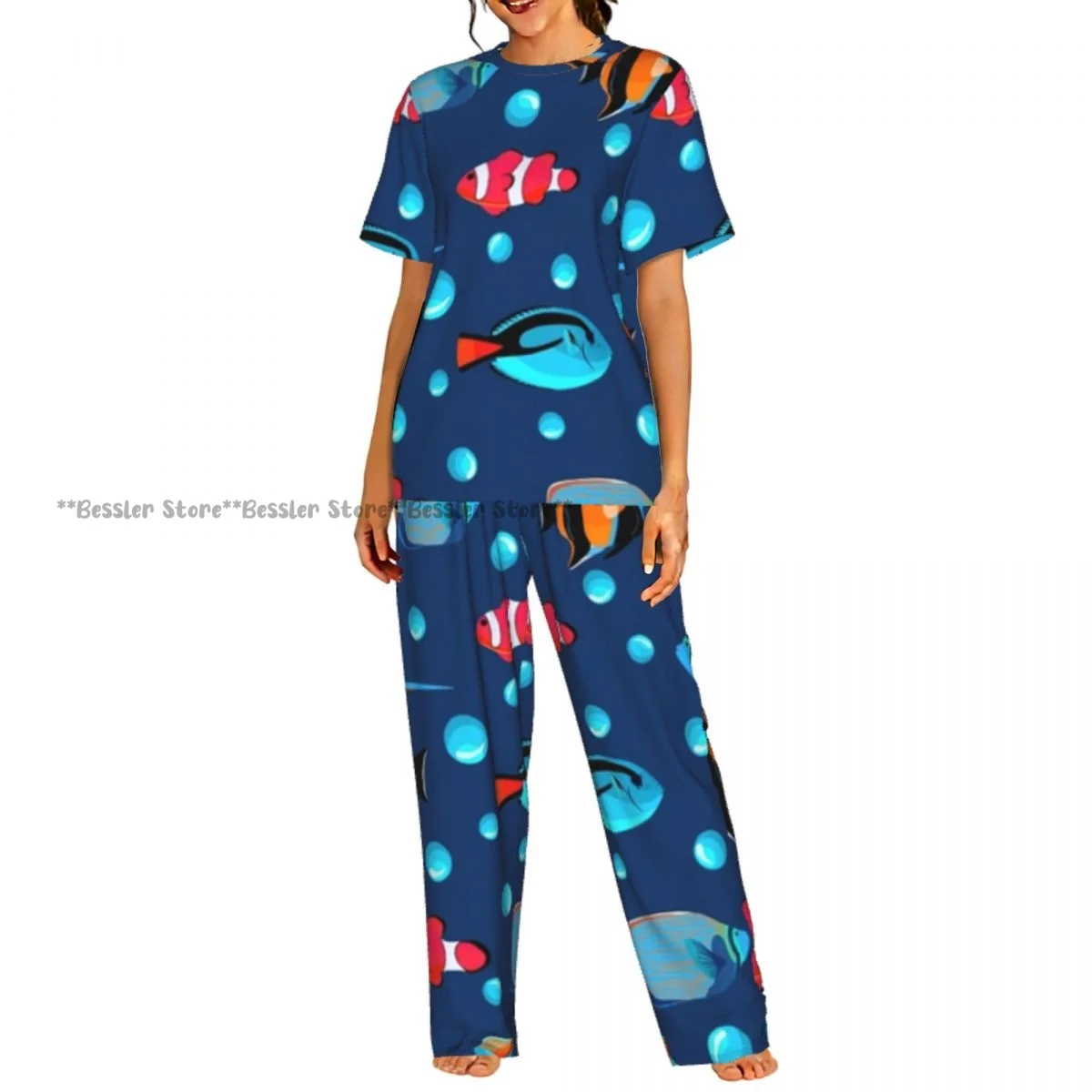 

Women Pajama Sets Lounge Sleepwear Fish Underwater With Bubbles Short Sleeve Nightwear