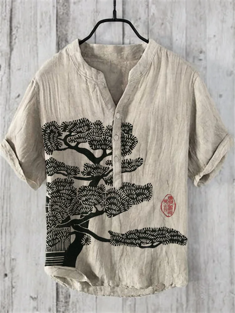 Camiseta de manga corta con estampado artístico japonés para hombre, camisa urbana a la moda con cuello en V, Henley, verano 2024