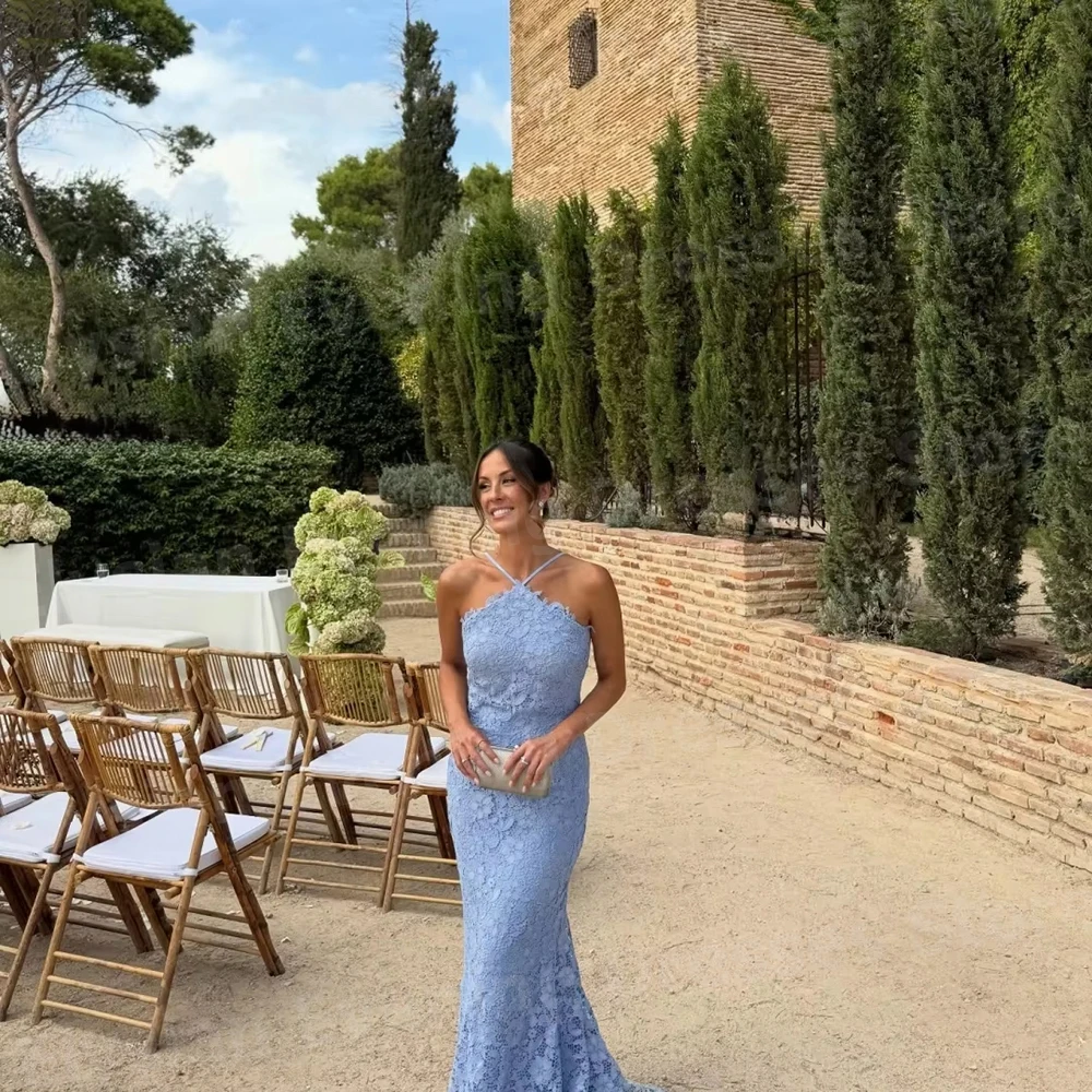 豪華な女性のマーメイドホルターネックイブニングドレスカスタマイズされたローブ・ド・ソワレウエディングドレスノースリーブレースvestidosパラムヘール