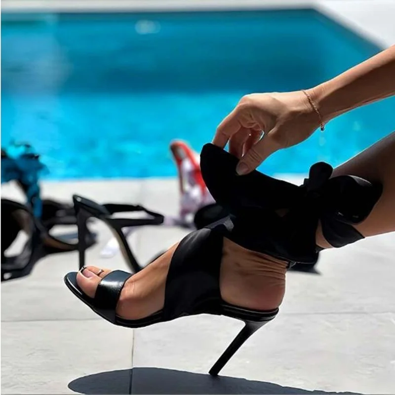 

Black Ribbon Lace Up Ankle Wrap High Heel Sandals Open Toe Hollow Cover Heels Summer Dress Shoes PU Leather
