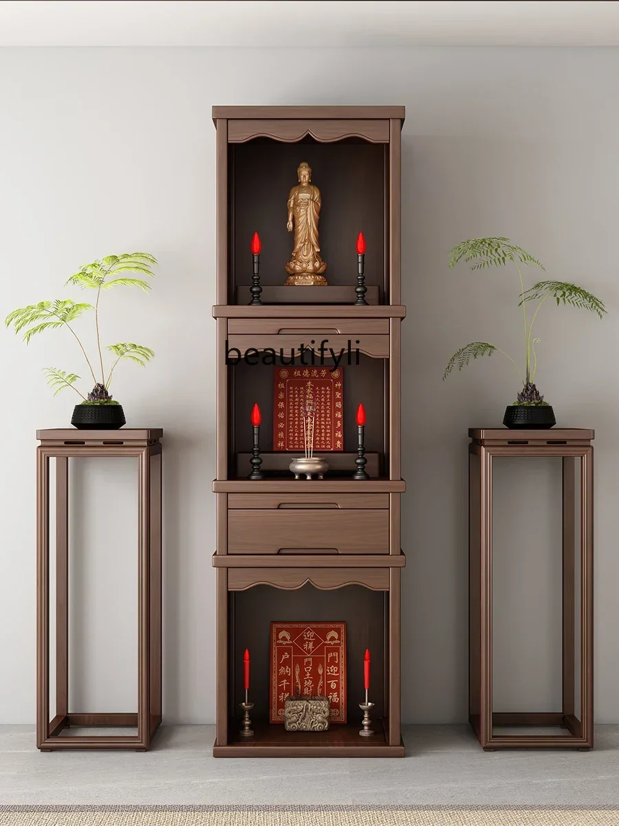 Solid Wood Household Black Walnut Three-Layer Buddha Shrine Altar New Chinese Simple Guanyin God of Wealth Earth God Shrine