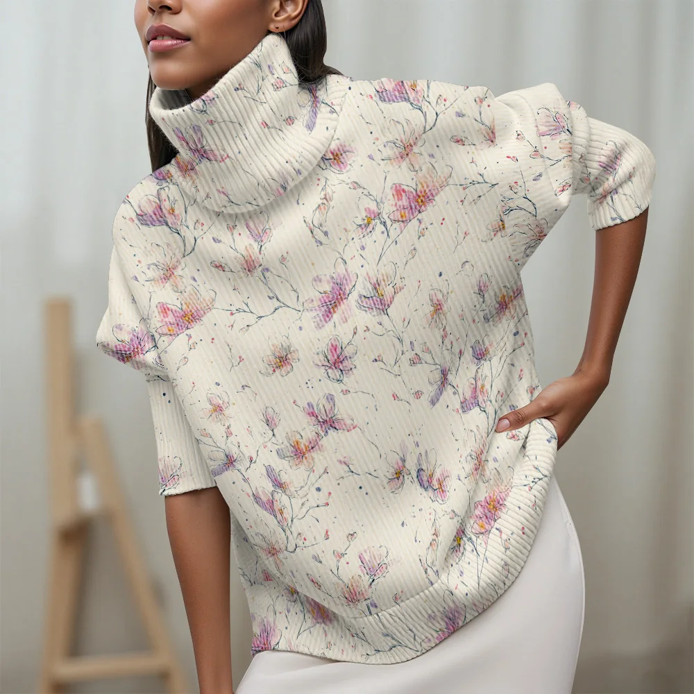 Lichtgekleurde bloemenelementen Coltrui Trui met lange mouwen Casual damestrui met fris blad- en bloemenpatroon