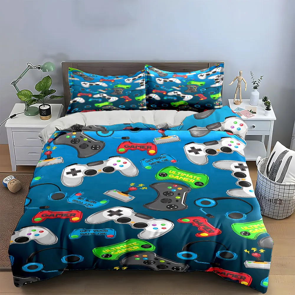 3Pc Multi Style Game Gear Seamless Duvet Cover Set,Light Blue Kids Gamer Bedding Includes 1 Duvet Cover And 2 Pillowcase,Gift