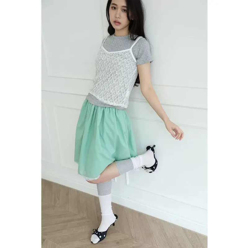 Japanese High Waist Pleated Loose A-line Skirt Women 2026 Summer New Streetwear Contrast Color Patchwork Knee Length Skirt