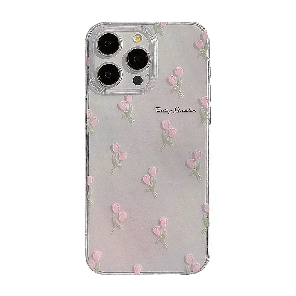 Ins flower pink tulips silicone soft shell for iphone 15 14 pro max 11 12 13 promax plus cartoon phone case conque