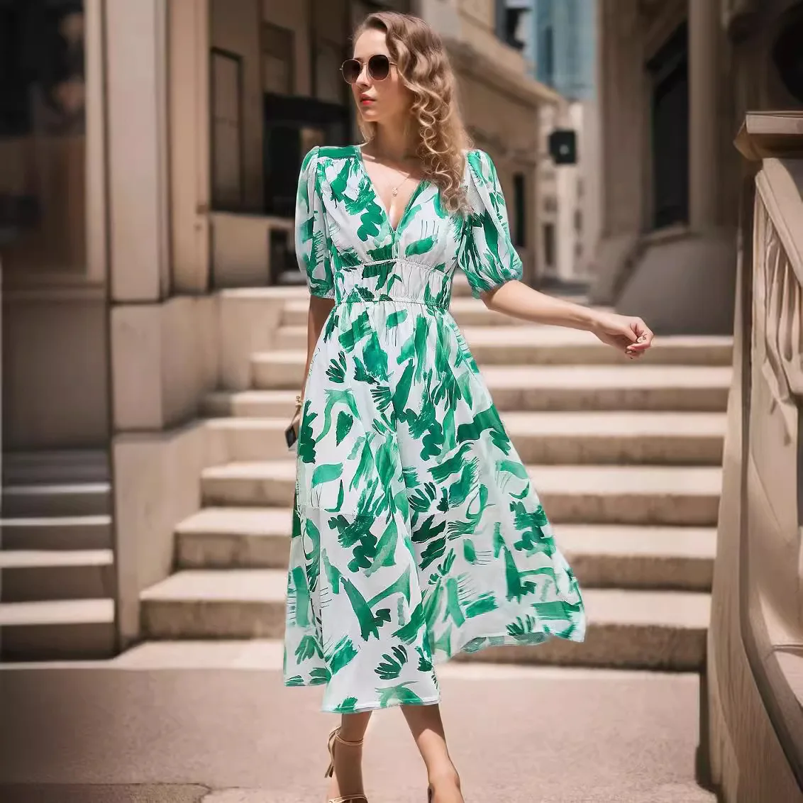 Sommerliches europäisches amerikanisches Kleid, elegantes, tailliertes, bedrucktes langes Kleid mit V-Ausschnitt